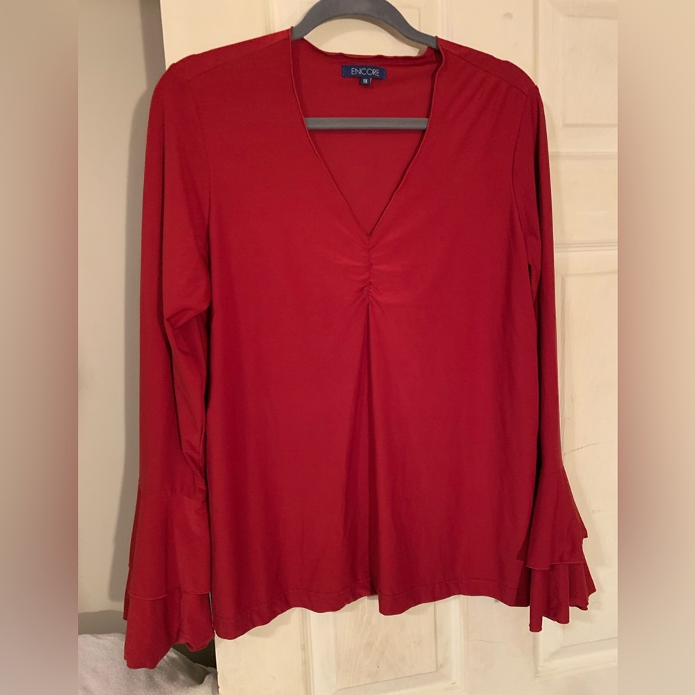 Encore Jeans Red Bell Sleeve Ruched Blouse